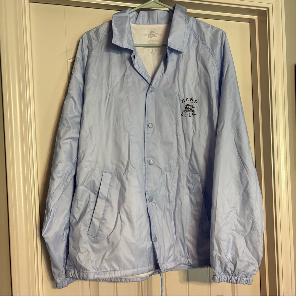 Hard Luck Jacket Mens Large Light Blue Coach Windbreaker Snap Front Skateboard